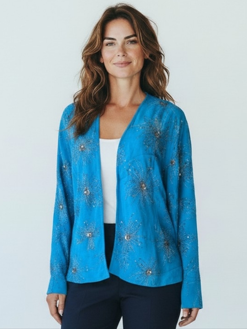 Chico's Blue Sequin Starburst Floral Rayon Crepe Lined Open Front Top 2 Vintage